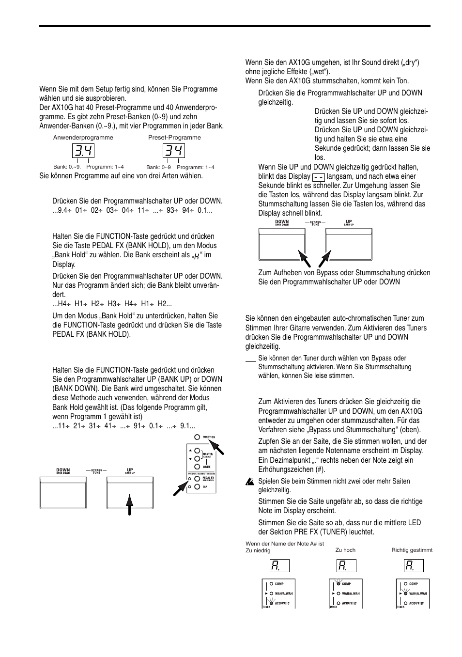 Spielen des ax10g, Wählen von programmen, Bypass und stummschaltung | Tuner | KORG TONEWORKS AX10G User Manual | Page 33 / 40