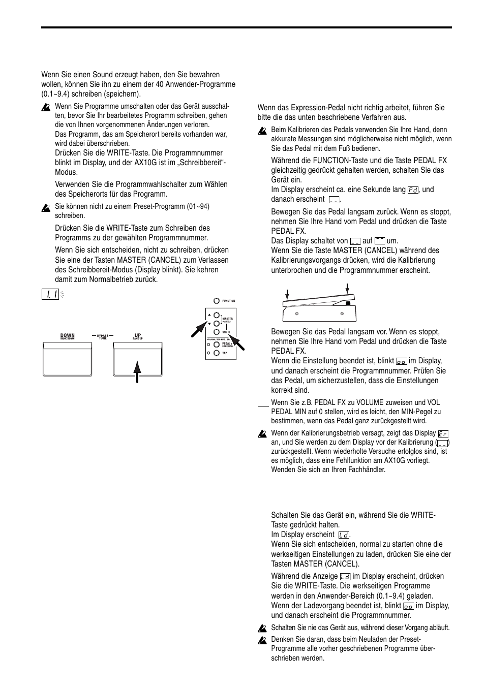 Ein programm speichern, Andere funktionen, Kalibrieren (einstellen) des expression-pedals | Zurückstellen auf werkseitige einstellungen | KORG TONEWORKS AX10G User Manual | Page 37 / 40