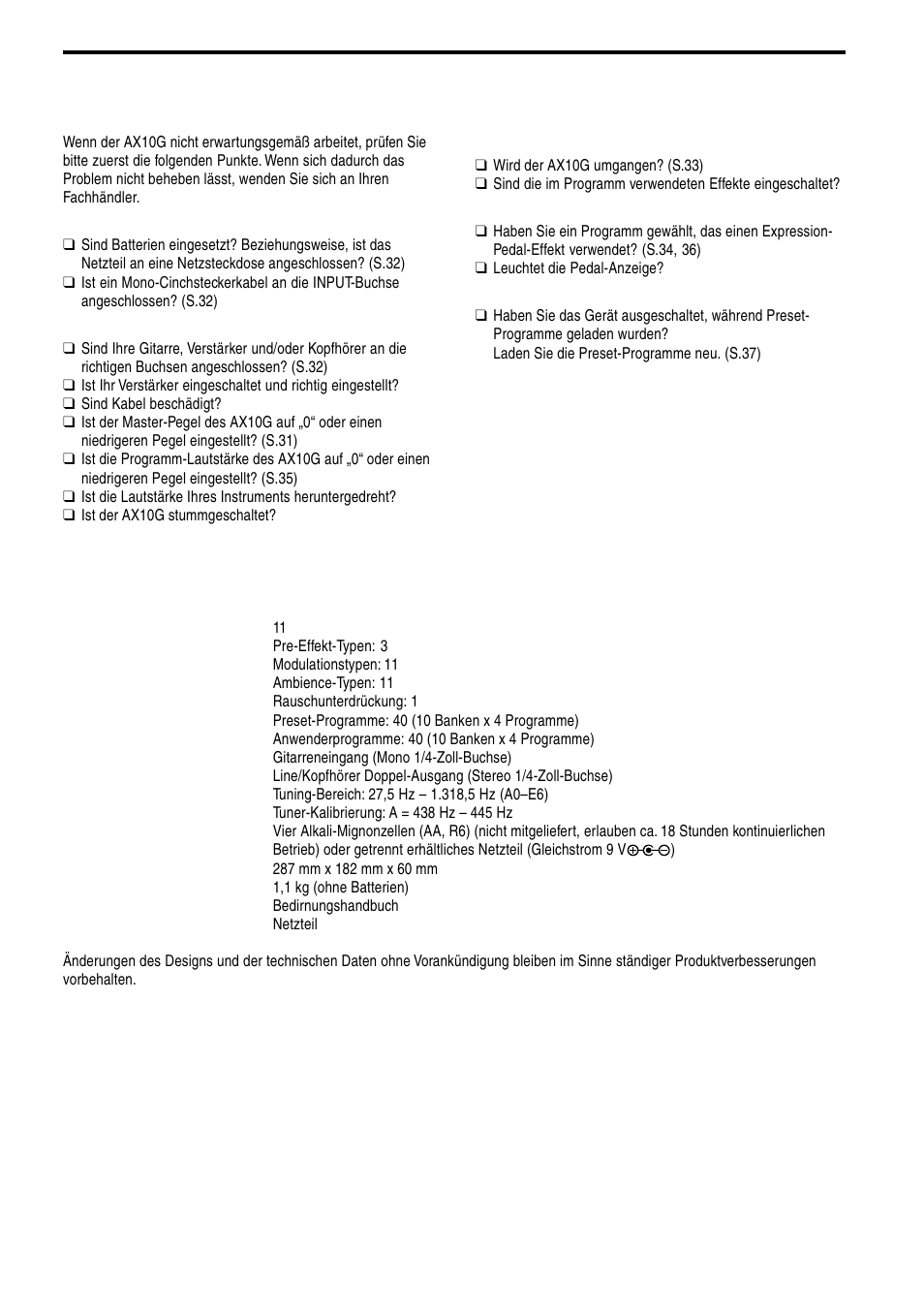 Störungssuche, Wichtigste technische daten | KORG TONEWORKS AX10G User Manual | Page 38 / 40