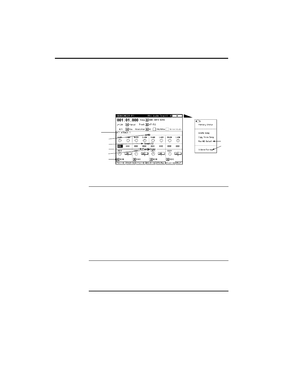 1–6: mix audio track 1–4, 1–6f: eq (equalizer), 1–6g: send1/send2 [0 | 1–6h: pan (panpot) [off, l000...c064...r127 | KORG TRINITY HDR-TRI User Manual | Page 29 / 61