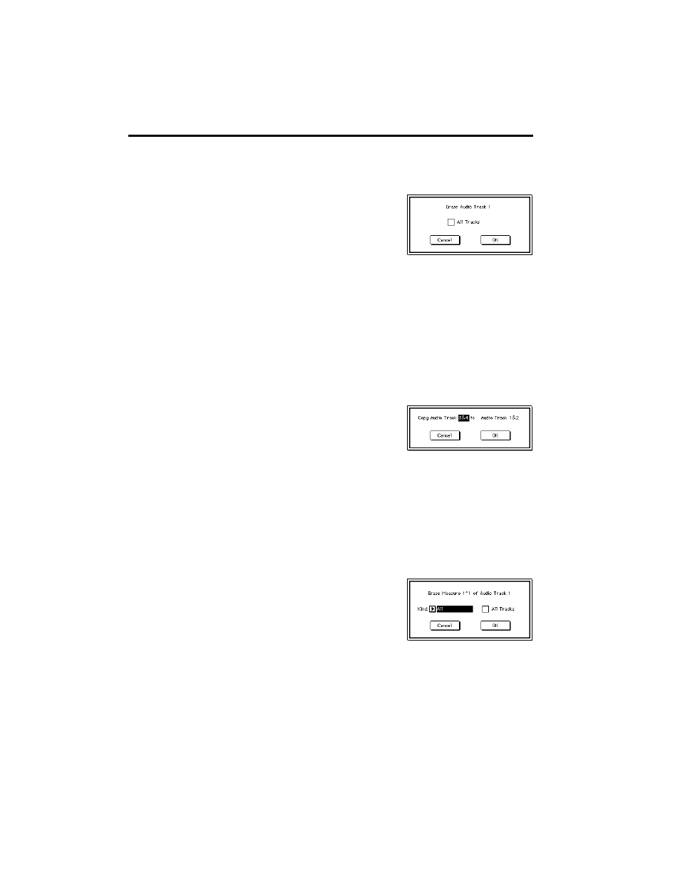 2 when you choose erase audio track, the 2 dialog, 3 if you wish to erase the playback data of all 3, 4 to execute the erase audio track command, press | 2 when you choose copy audio track, the 2 dialog b, 3 specify the copy source track, 4 to execute the copy audio track com4 mand, press, 2 when you choose erase measure, the dia2 log box, 3 use the kind and all track settings 3 together t | KORG TRINITY HDR-TRI User Manual | Page 37 / 61