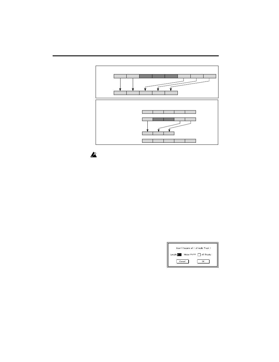 2 when you choose insert measure, the dia2 log box, 3 if you wish to insert measures into all 3 tracks, 5–3g: insert measure | Sequencer p5 | KORG TRINITY HDR-TRI User Manual | Page 39 / 61