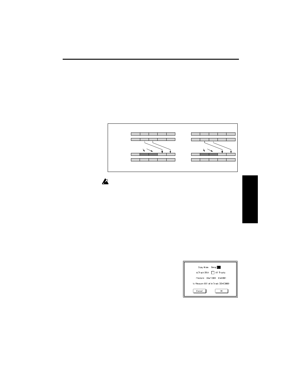 4 for the length field, specify the number of meas, 5 for the meter* field, specify the time signature, 6 to execute the insert measure command, press the | 2 when you choose copy measure, the dia2 log box a, 3 specify the copy source song, 4 specify the copy source audio track. if you 4 wi, 5 specify the copy source start measure and end me, 6 to execute the copy measure command, press the o, Introduction operation parameters appendix, 5–3h: copy measure | KORG TRINITY HDR-TRI User Manual | Page 40 / 61