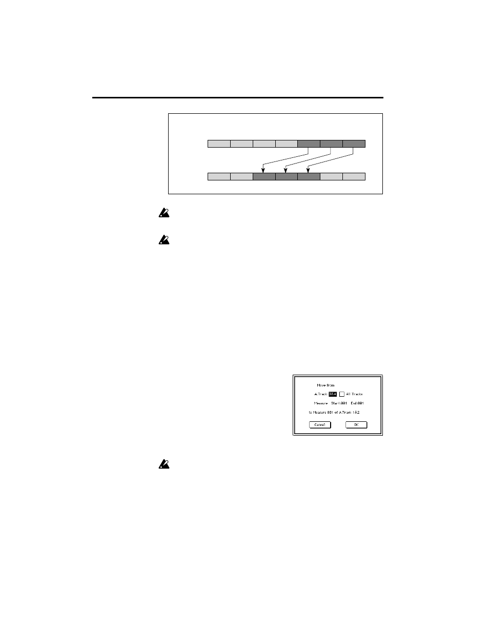 2 when you choose move measure, the dia2 log box a, 3 specify the move source audio track, 4 specify the start measure and end measure 4 of t | 5 to execute the move measure command, press the o | KORG TRINITY HDR-TRI User Manual | Page 41 / 61