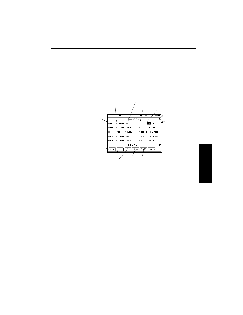 2 when you choose audio event edit, the following, 3 press the appropriate button to perform the desi, Introduction operation parameters appendix | KORG TRINITY HDR-TRI User Manual | Page 42 / 61