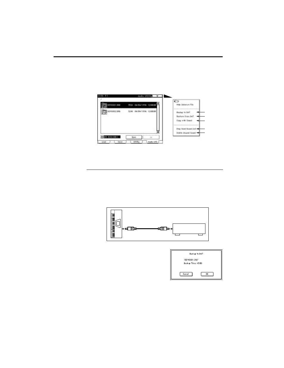 1–4: audio utility, 2 when you choose backup to dat, the dia2 log box, 3 the backup time will be displayed. insert a 3 da | KORG TRINITY HDR-TRI User Manual | Page 53 / 61