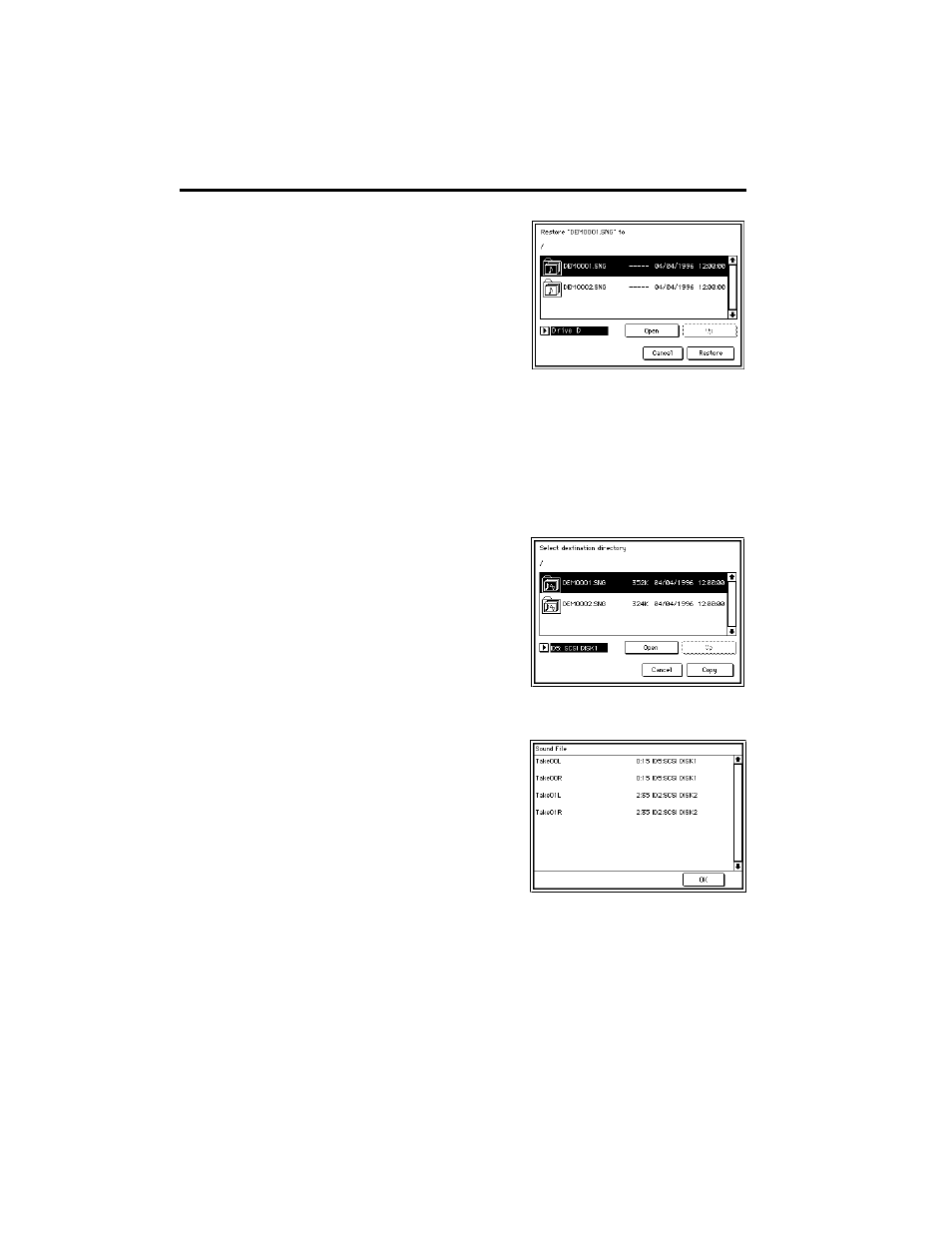 5 press the ok button. the dialog box 5 at right w, 6 the dialog box of step 2 will reap6 pear. start, 7 when the restoration operation is 7 completed, t | 2 when you choose copy with 2 sound, the dialog bo, 3 select the hard disk and directory of 3 the copy, 1 select a .sng file, 2 when you choose disp used sound 2 list, the dial, 3 press the ok button | KORG TRINITY HDR-TRI User Manual | Page 55 / 61