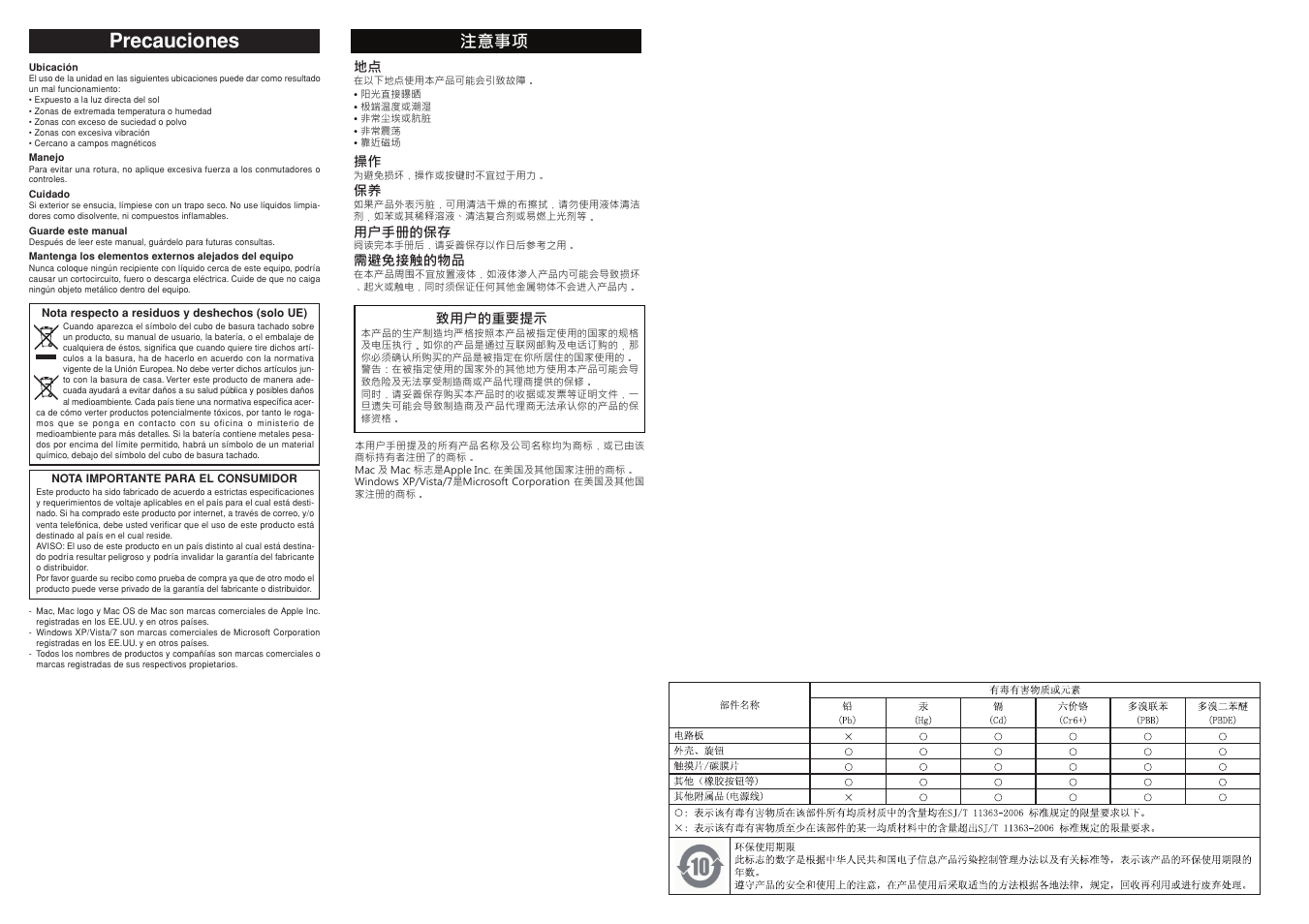 Precauciones, 注意事项 | KORG Nanopad2 4019.2 User Manual | Page 2 / 7