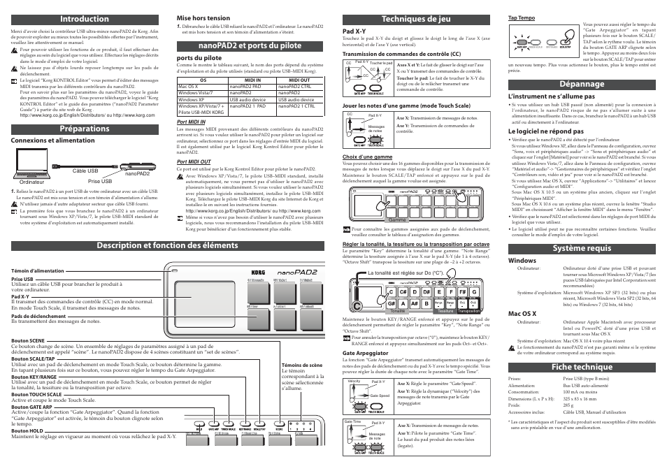 Introduction, Préparations, Techniques de jeu | Nanopad2 et ports du pilote, Dépannage, Système requis, Fiche technique, Description et fonction des éléments | KORG Nanopad2 4019.2 User Manual | Page 4 / 7