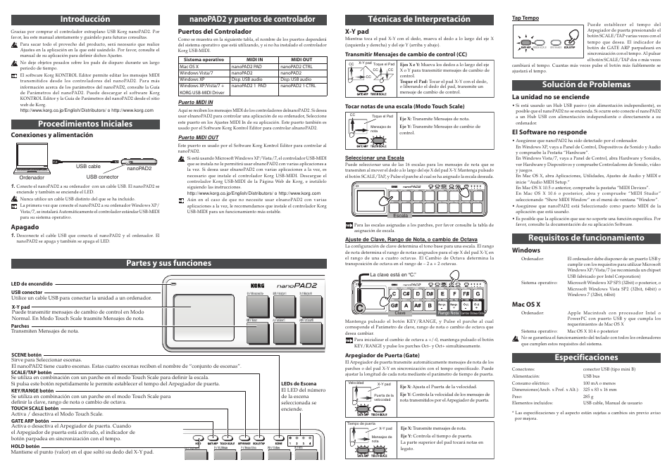 Introducción, Procedimientos iniciales, Técnicas de interpretación | Nanopad2 y puertos de controlador, Solución de problemas, Requisitos de funcionamiento, Especificaciones, Partes y sus funciones | KORG Nanopad2 4019.2 User Manual | Page 6 / 7