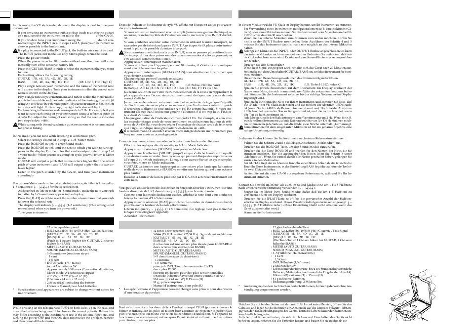 Tuning procedure, Specifications, Installing the battery | Méthode d’accordage, Spécifications techniques, Installation des piles, Arbeitsweise für das stimmen, Spécifications techniques technische daten, Technische daten, Batterie einbauen | KORG GA-30 User Manual | Page 2 / 2