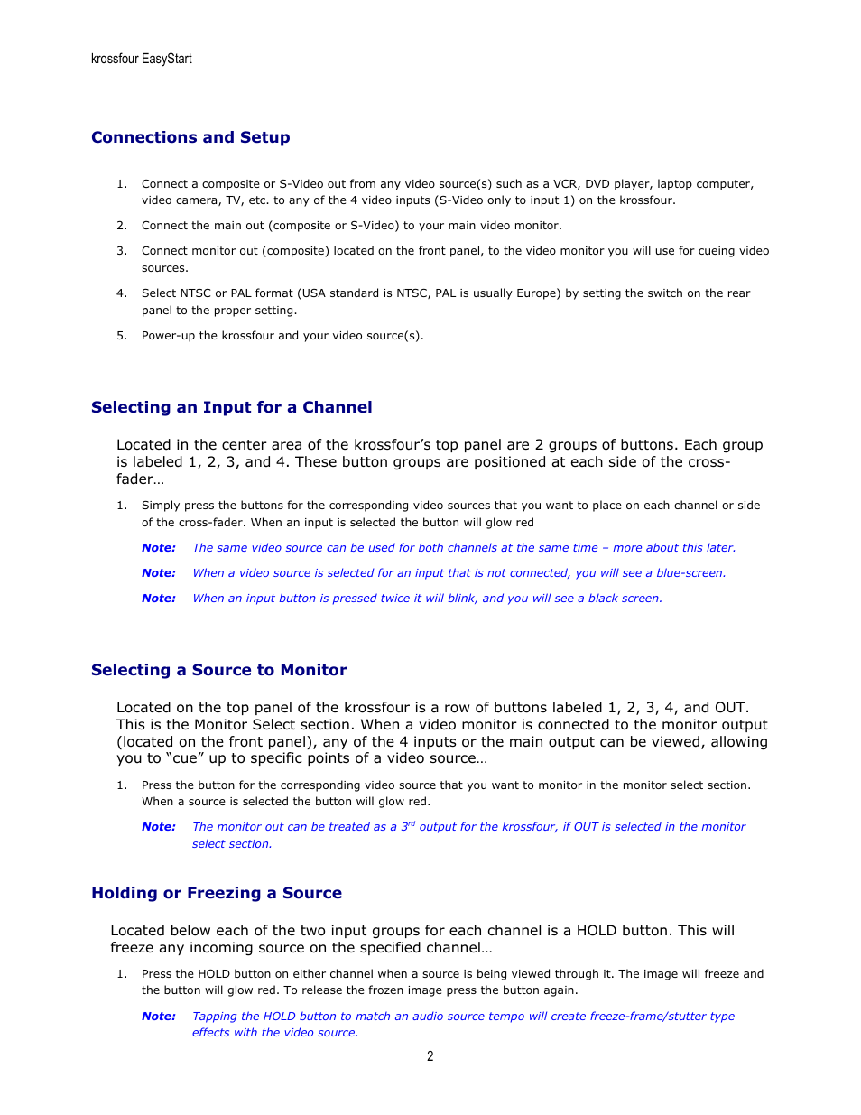 Connections and setup, Selecting an input for a channel, Selecting a source to monitor | Holding or freezing a source | KORG Krossfour KF4 User Manual | Page 2 / 5