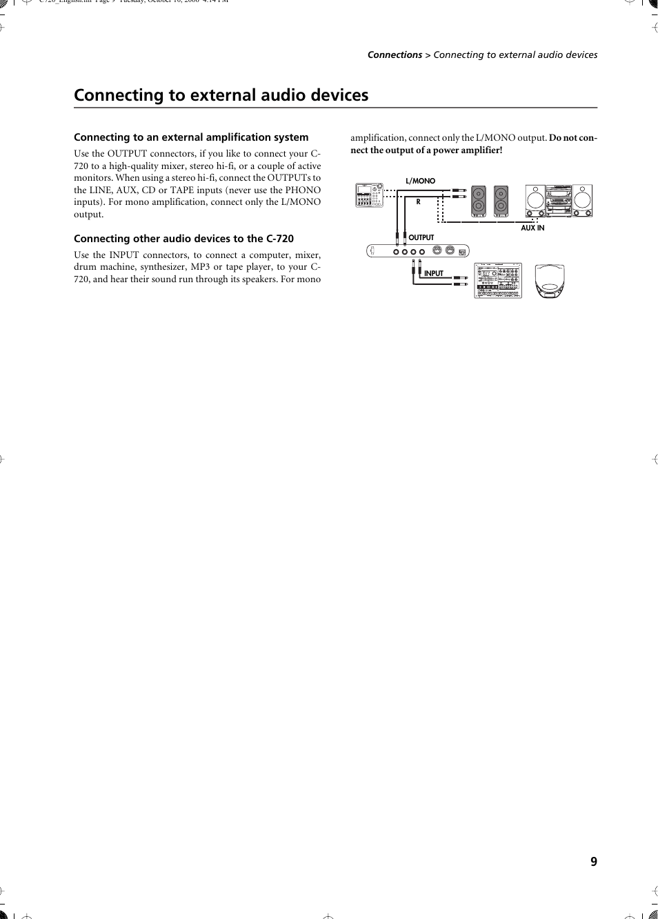 Connecting to external audio devices, Connecting to an external amplification system, Connecting other audio devices to the c-720 | KORG CONCERT C-720 User Manual | Page 11 / 82