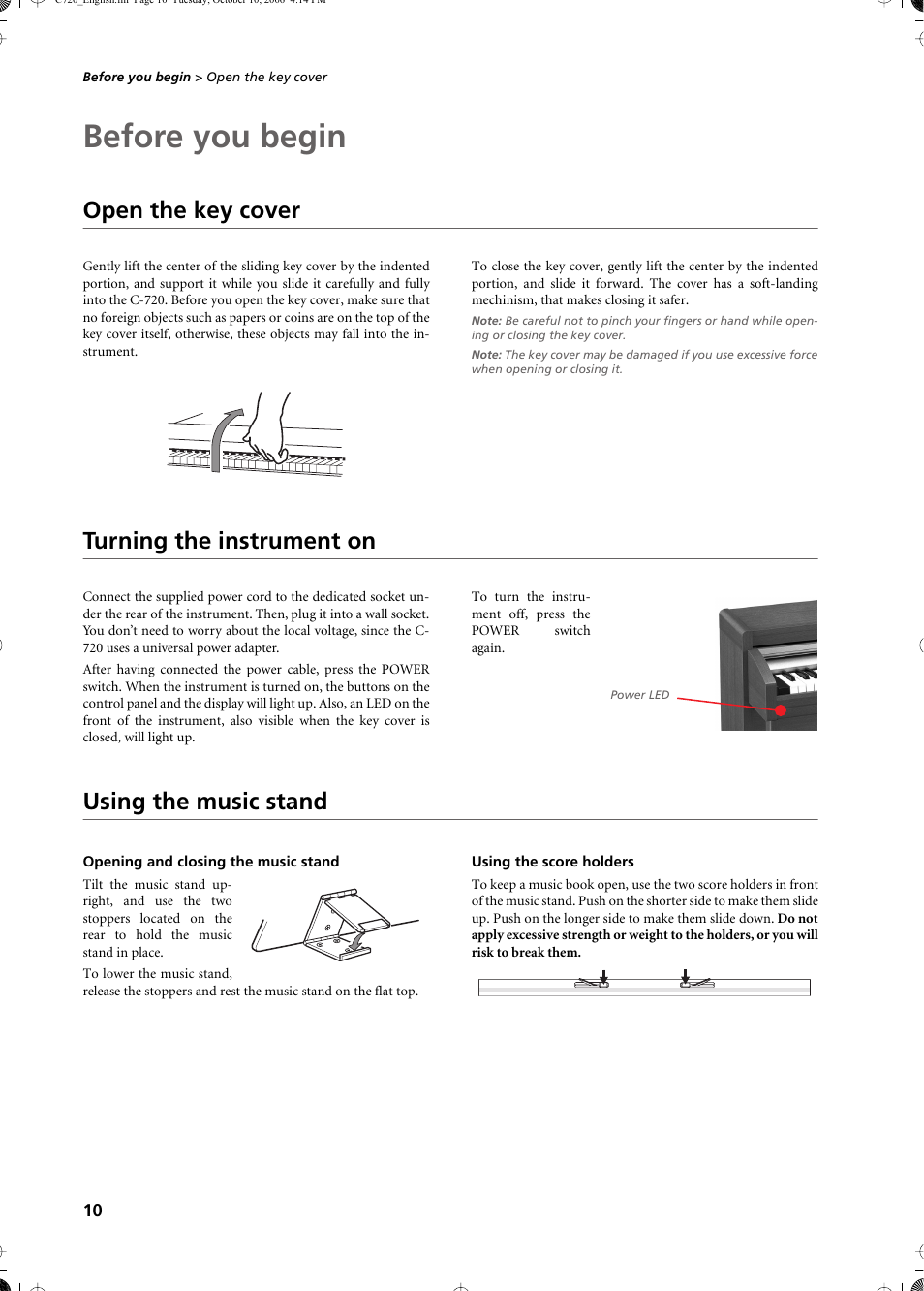 Before you begin, Open the key cover, Turning the instrument on | Using the music stand, Opening and closing the music stand, Using the score holders | KORG CONCERT C-720 User Manual | Page 12 / 82