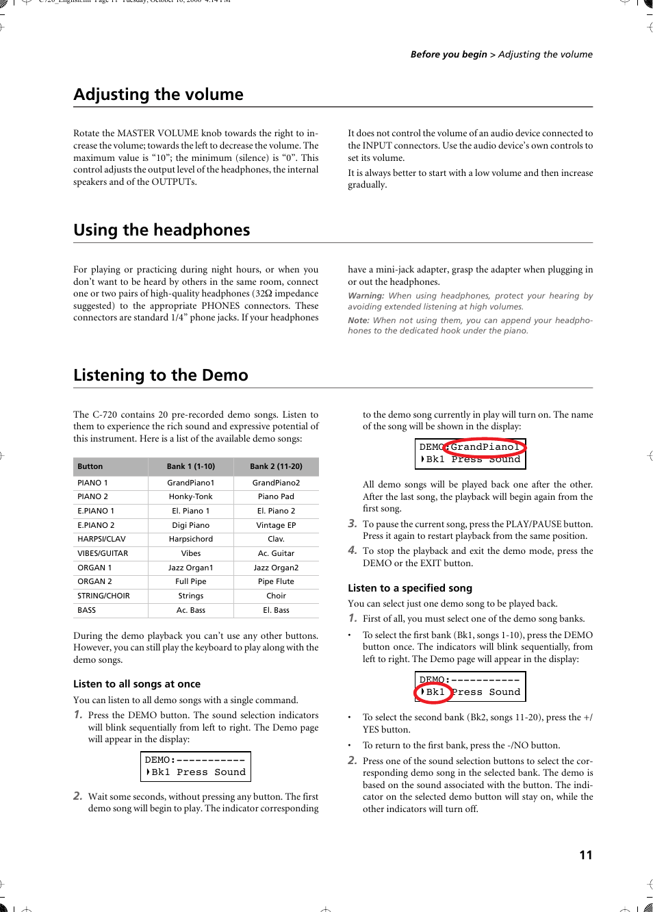 Adjusting the volume, Using the headphones, Listening to the demo | Listen to all songs at once, Listen to a specified song | KORG CONCERT C-720 User Manual | Page 13 / 82