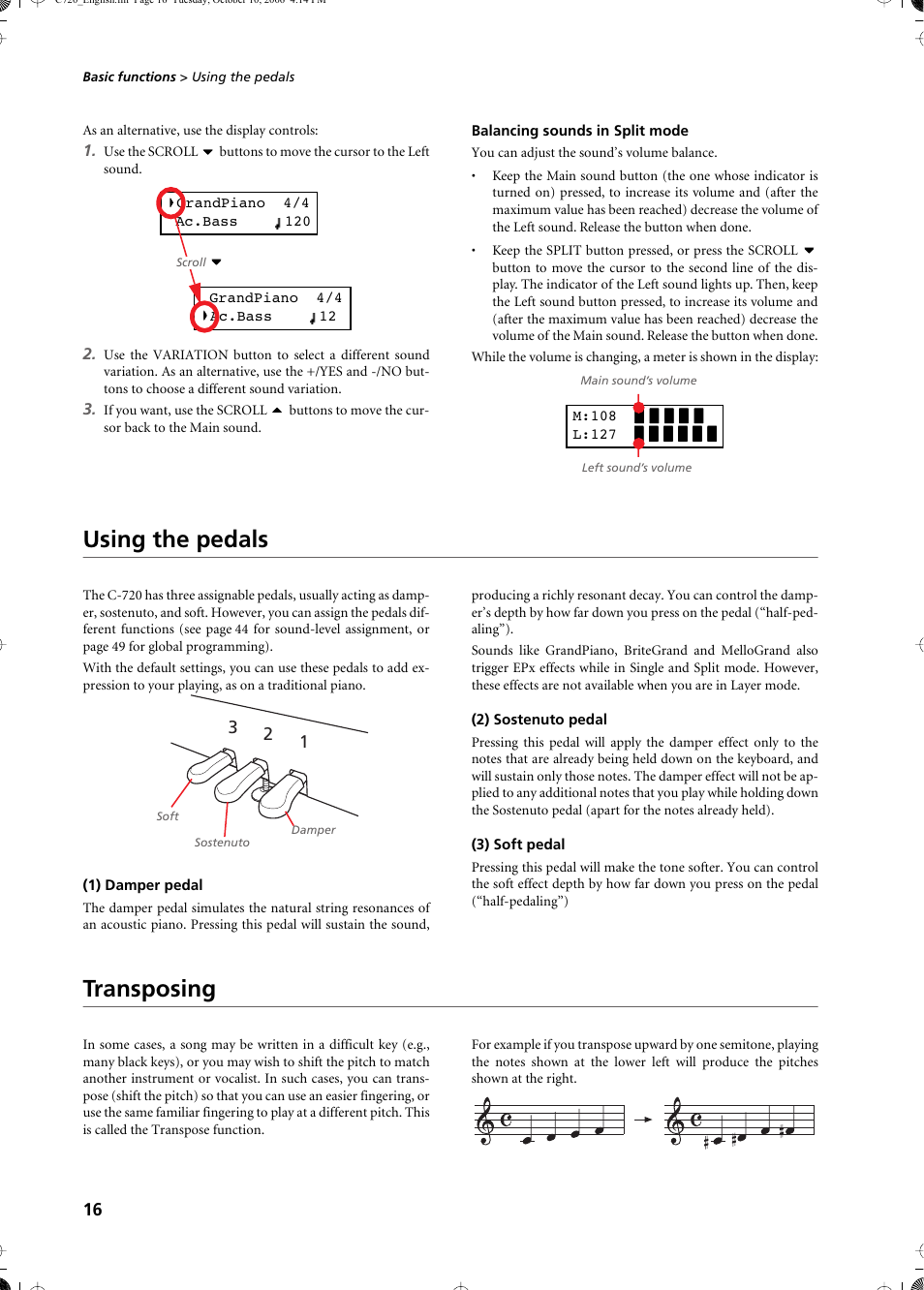Balancing sounds in split mode, Using the pedals, 1) damper pedal | 2) sostenuto pedal, 3) soft pedal, Transposing, Using the pedals transposing | KORG CONCERT C-720 User Manual | Page 18 / 82
