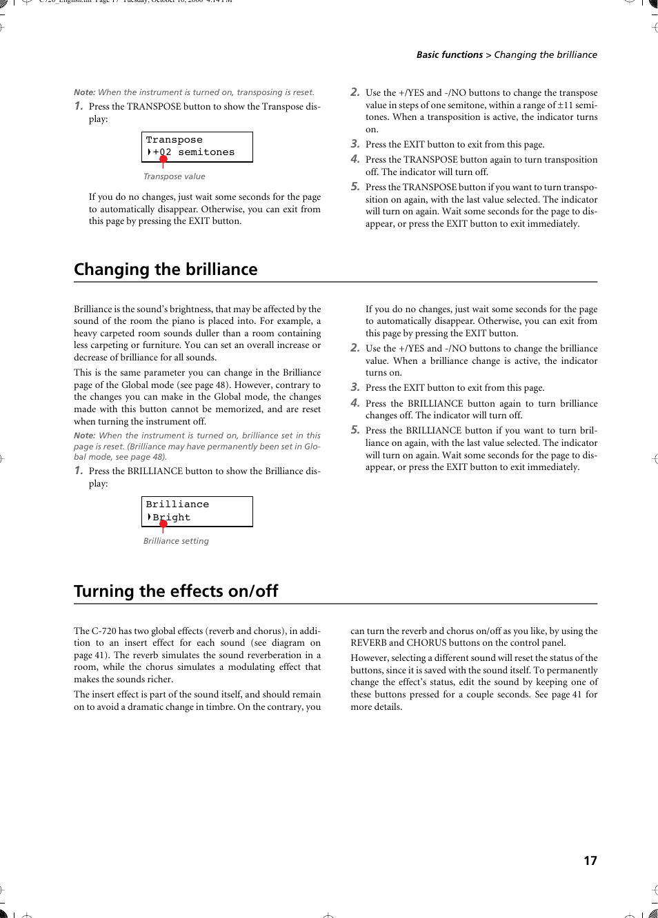 Changing the brilliance, Turning the effects on/off, Changing the brilliance turning the effects on/off | KORG CONCERT C-720 User Manual | Page 19 / 82