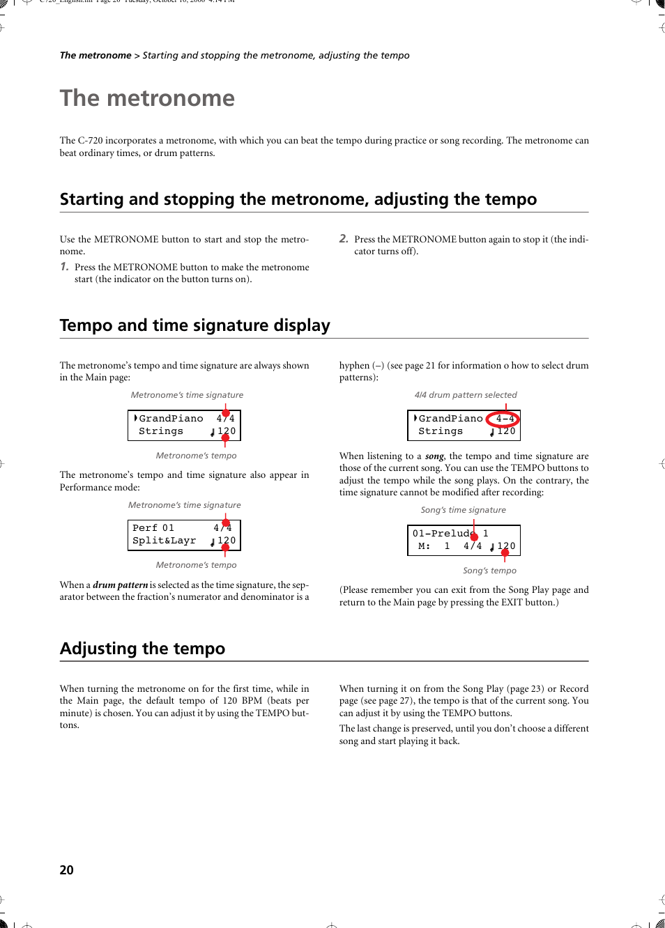 The metronome, Tempo and time signature display, Adjusting the tempo | KORG CONCERT C-720 User Manual | Page 22 / 82