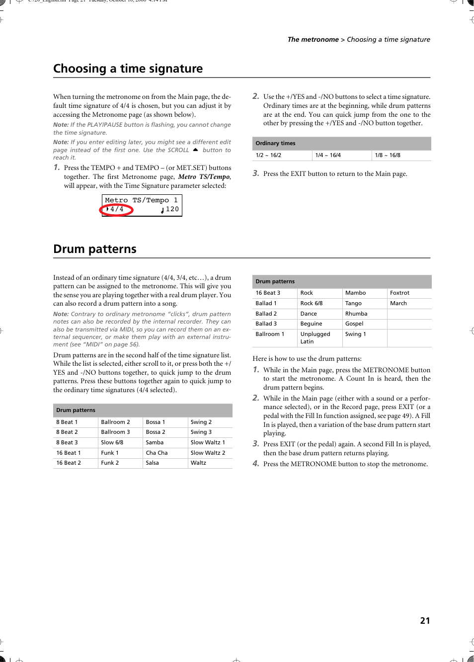 Choosing a time signature, Drum patterns, Choosing a time signature drum patterns | KORG CONCERT C-720 User Manual | Page 23 / 82