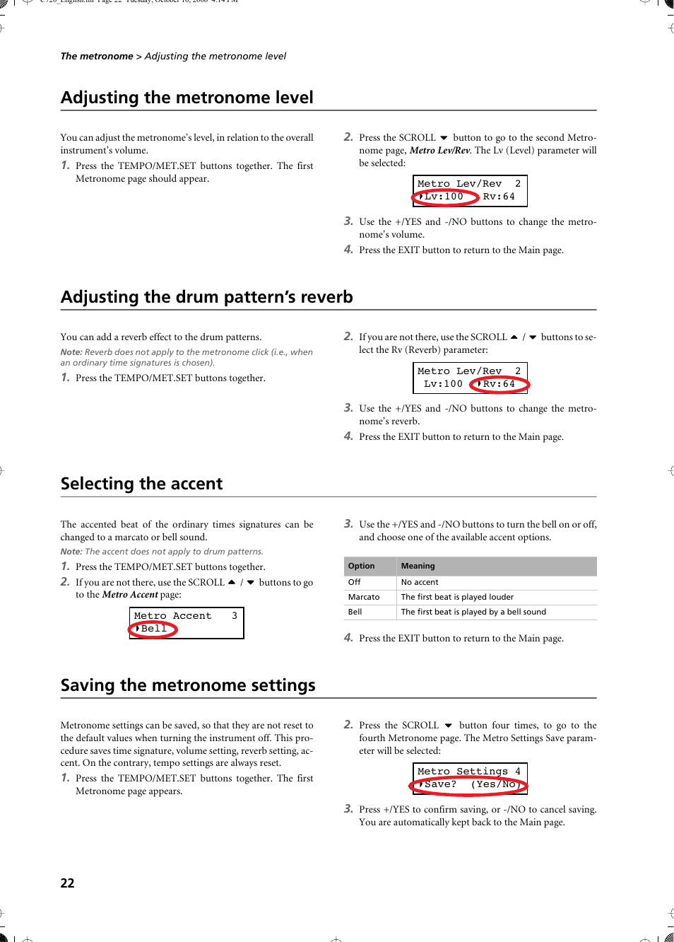 Adjusting the metronome level, Adjusting the drum pattern’s reverb, Selecting the accent | Saving the metronome settings | KORG CONCERT C-720 User Manual | Page 24 / 82
