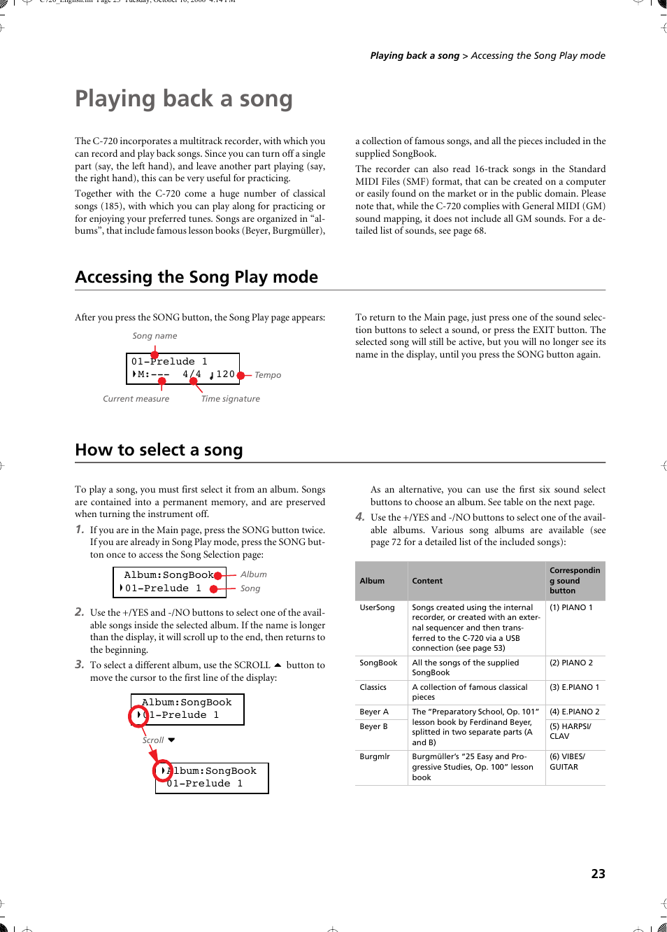 Playing back a song, Accessing the song play mode, How to select a song | Accessing the song play mode how to select a song | KORG CONCERT C-720 User Manual | Page 25 / 82