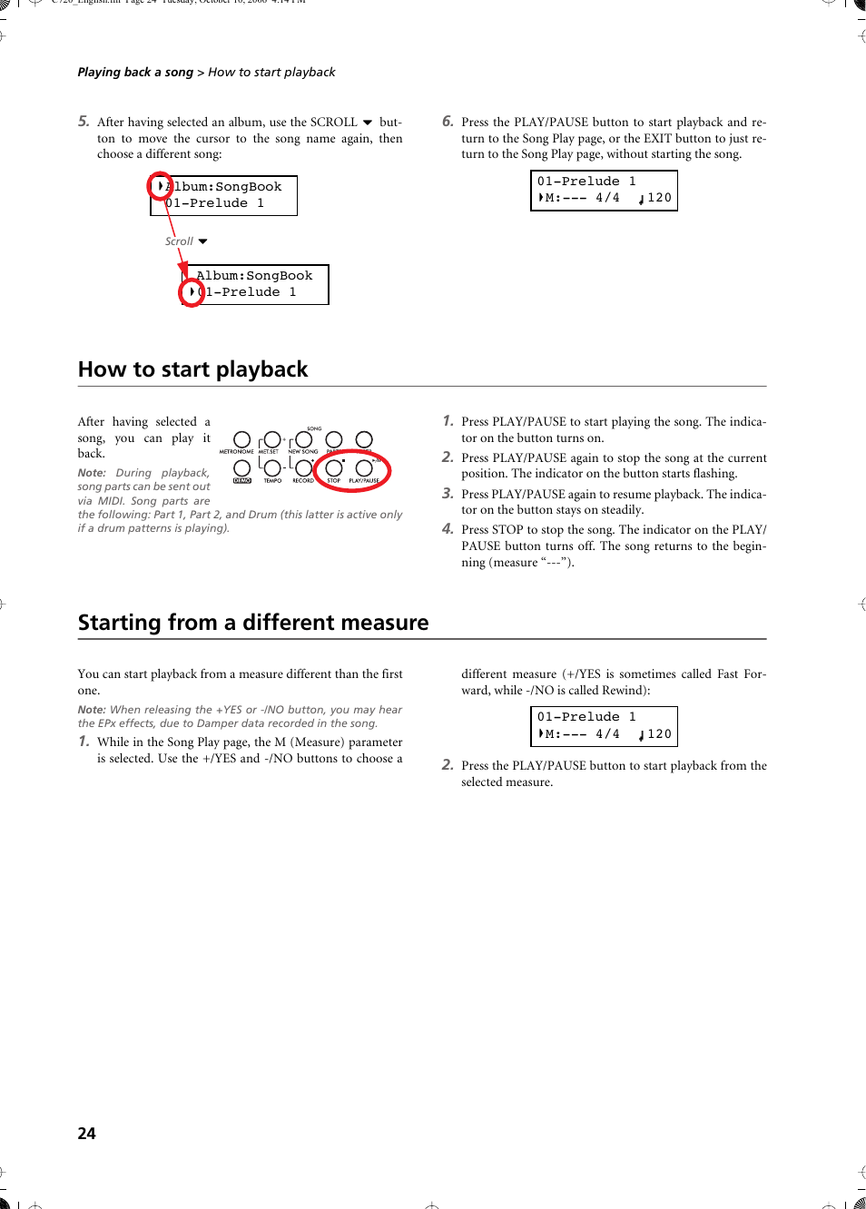 How to start playback, Starting from a different measure | KORG CONCERT C-720 User Manual | Page 26 / 82