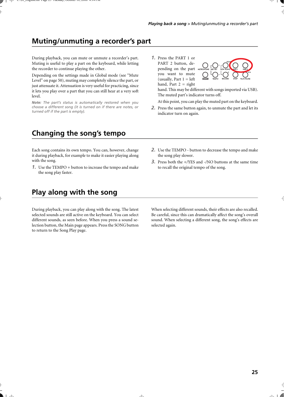 Muting/unmuting a recorder’s part, Changing the song’s tempo, Play along with the song | KORG CONCERT C-720 User Manual | Page 27 / 82