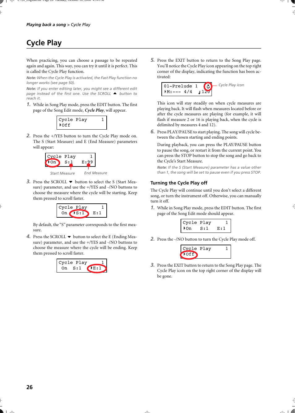 Cycle play, Turning the cycle play off | KORG CONCERT C-720 User Manual | Page 28 / 82
