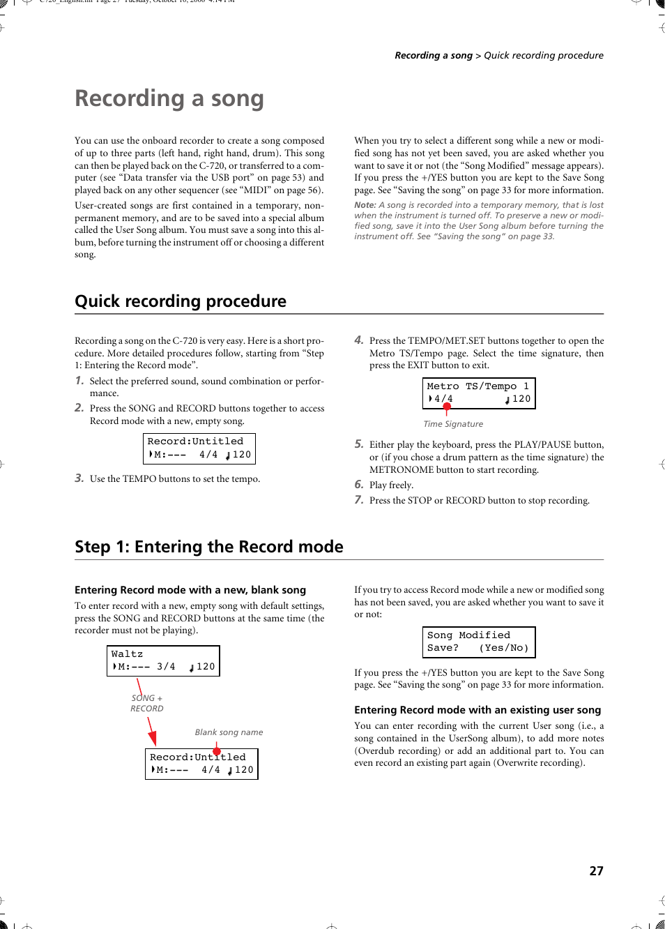 Recording a song, Quick recording procedure, Step 1: entering the record mode | Entering record mode with a new, blank song, Entering record mode with an existing user song | KORG CONCERT C-720 User Manual | Page 29 / 82
