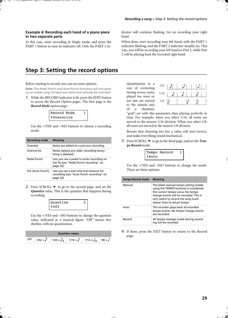 Step 3: setting the record options | KORG CONCERT C-720 User Manual | Page 31 / 82