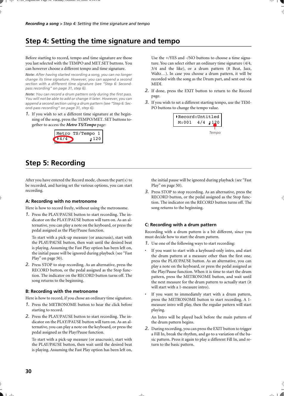 Step 4: setting the time signature and tempo, Step 5: recording, A: recording with no metronome | B: recording with the metronome, C: recording with a drum pattern | KORG CONCERT C-720 User Manual | Page 32 / 82