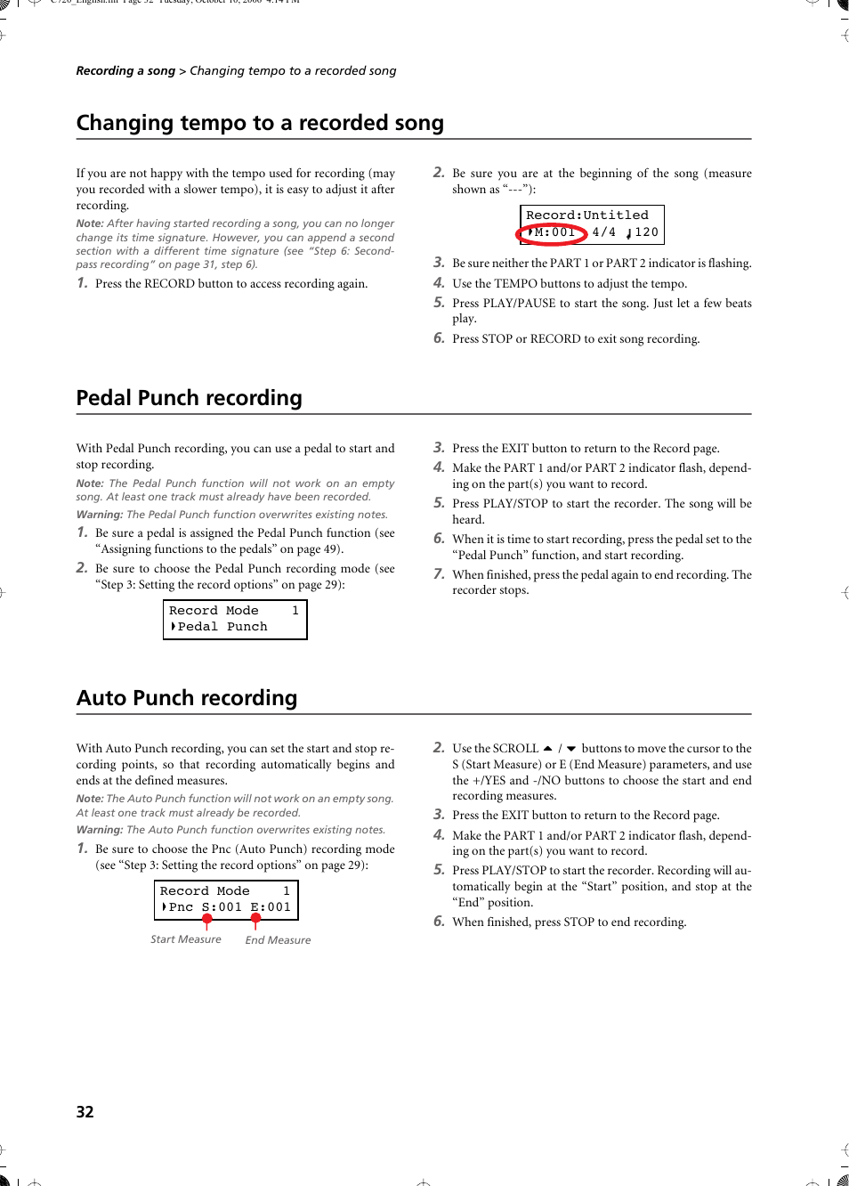 Changing tempo to a recorded song, Pedal punch recording, Auto punch recording | KORG CONCERT C-720 User Manual | Page 34 / 82