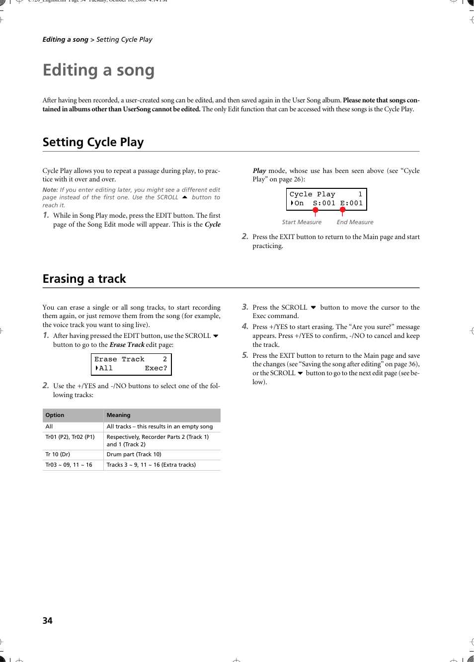 Editing a song, Setting cycle play, Erasing a track | Setting cycle play erasing a track | KORG CONCERT C-720 User Manual | Page 36 / 82