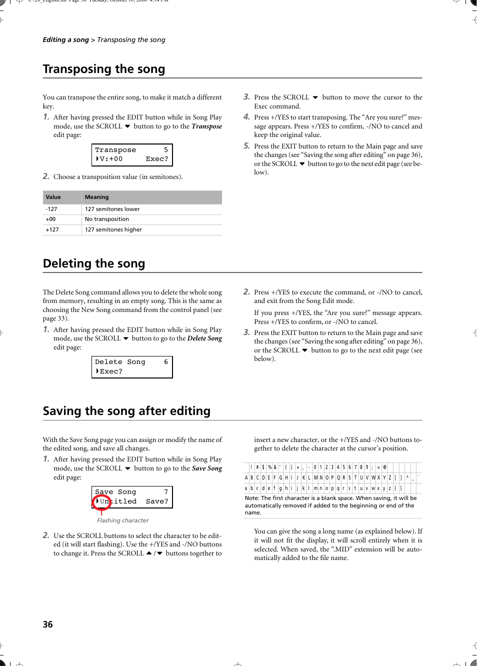 Transposing the song, Deleting the song, Saving the song after editing | KORG CONCERT C-720 User Manual | Page 38 / 82
