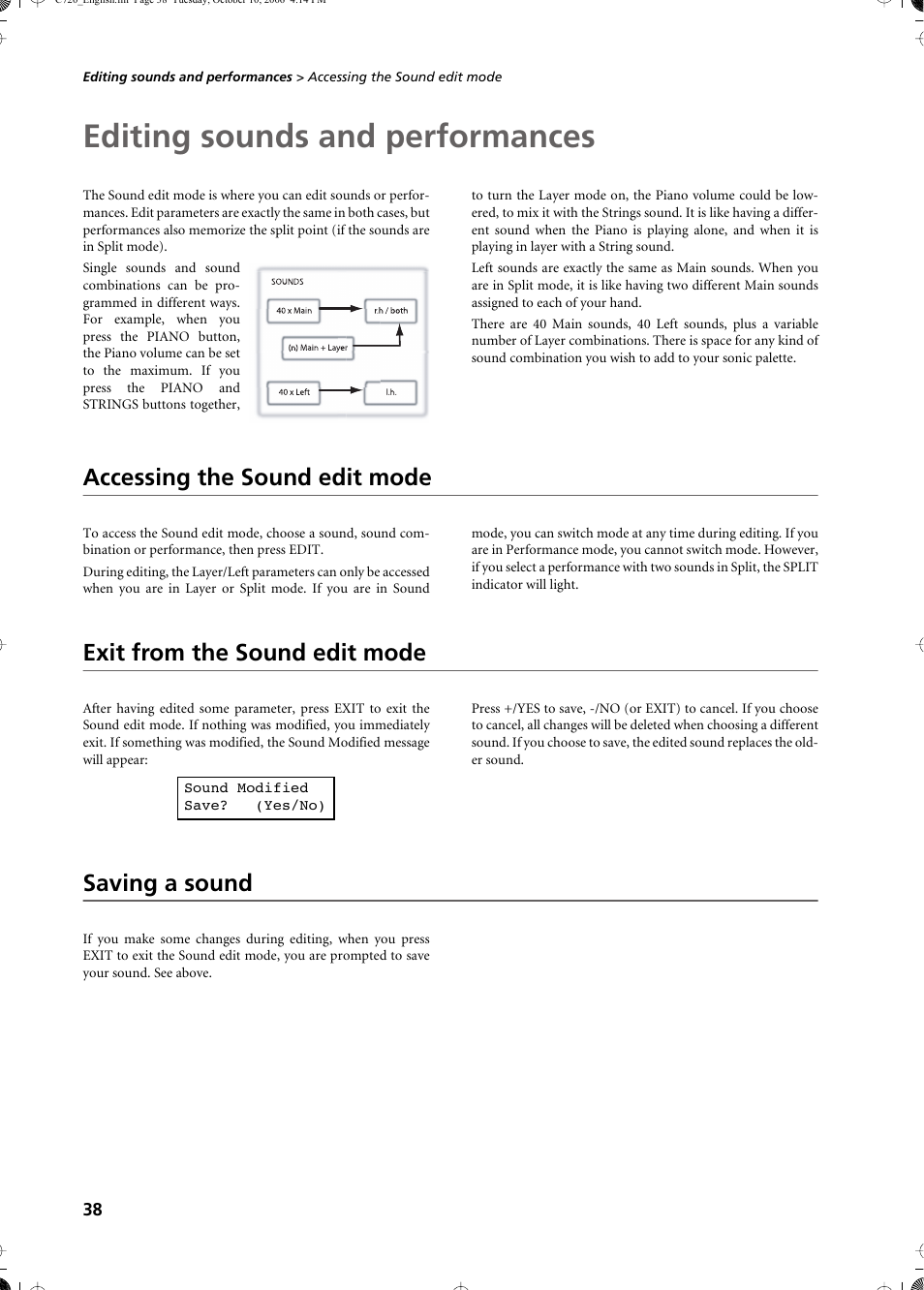 Editing sounds and performances, Accessing the sound edit mode, Exit from the sound edit mode | Saving a sound | KORG CONCERT C-720 User Manual | Page 40 / 82