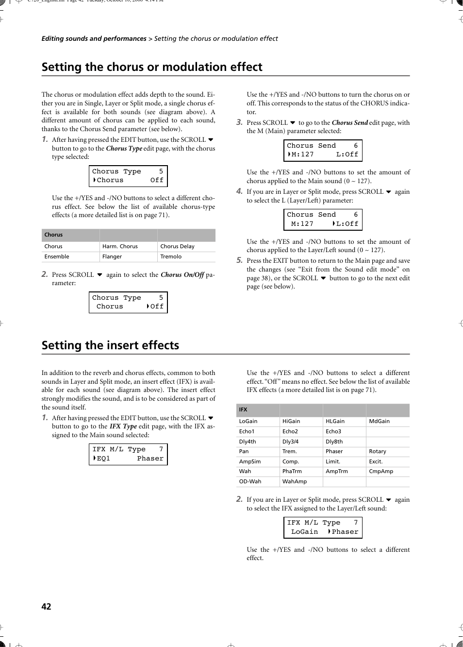 Setting the chorus or modulation effect, Setting the insert effects | KORG CONCERT C-720 User Manual | Page 44 / 82