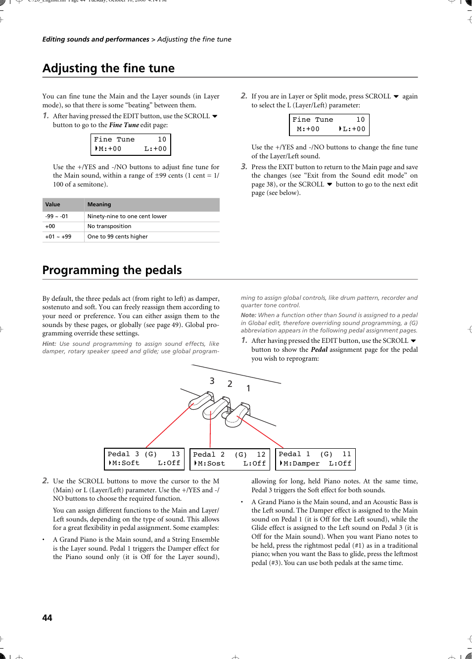 Adjusting the fine tune, Programming the pedals, Adjusting the fine tune programming the pedals | KORG CONCERT C-720 User Manual | Page 46 / 82