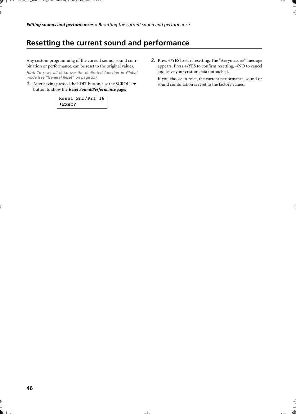Resetting the current sound and performance | KORG CONCERT C-720 User Manual | Page 48 / 82