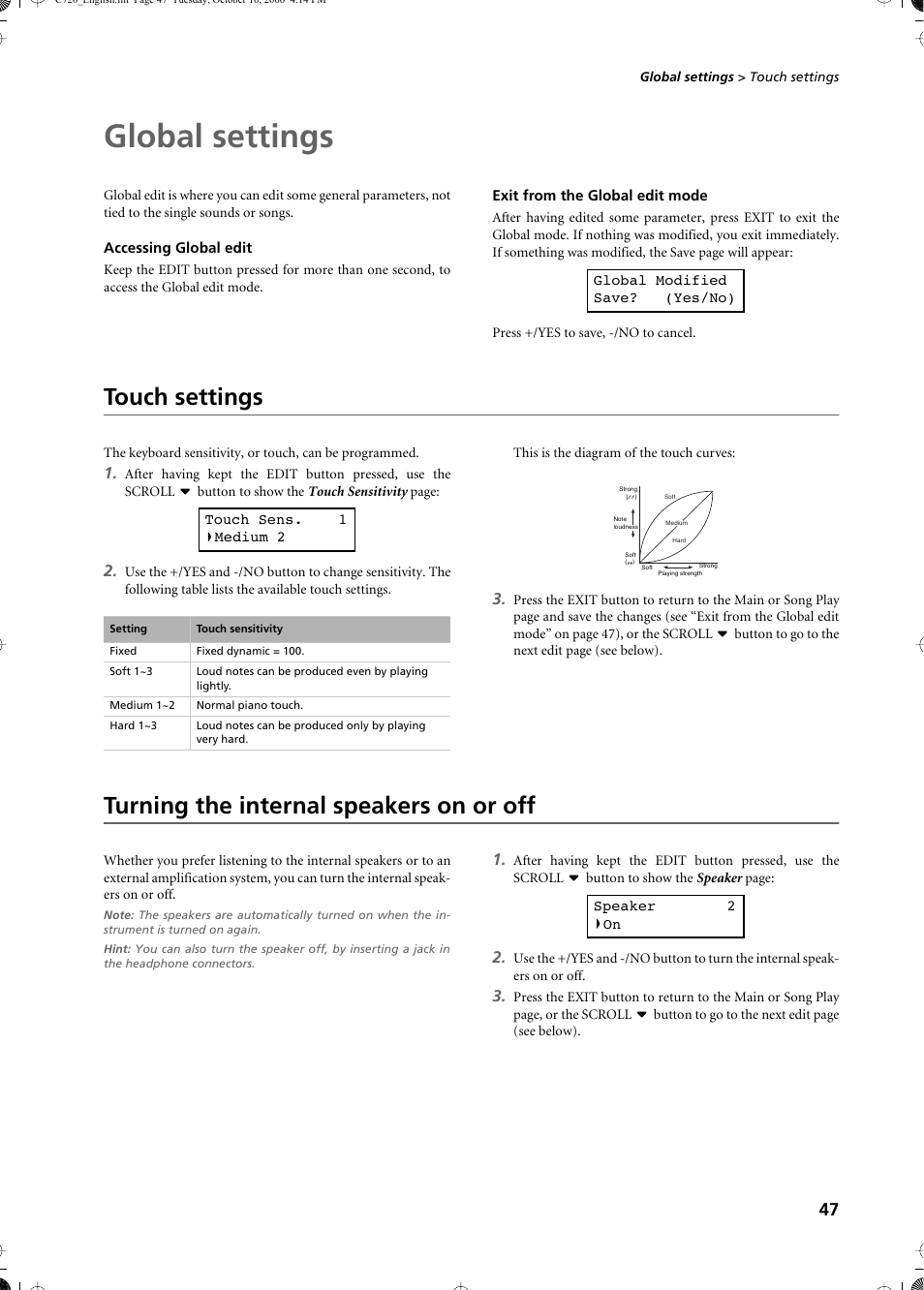 Global settings, Accessing global edit, Exit from the global edit mode | Touch settings, Turning the internal speakers on or off | KORG CONCERT C-720 User Manual | Page 49 / 82