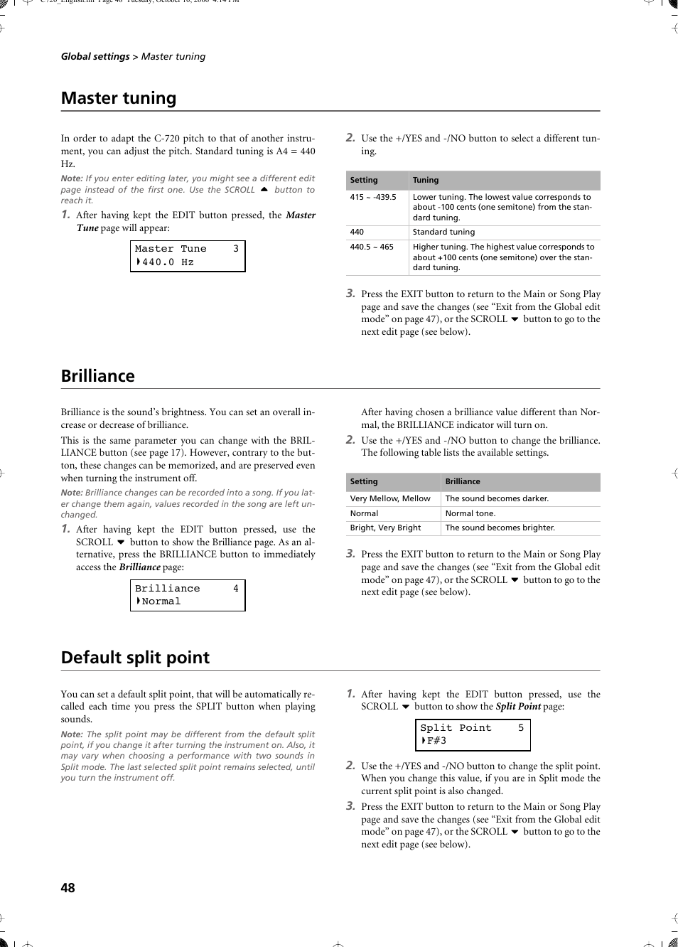 Master tuning, Brilliance, Default split point | Master tuning brilliance default split point | KORG CONCERT C-720 User Manual | Page 50 / 82