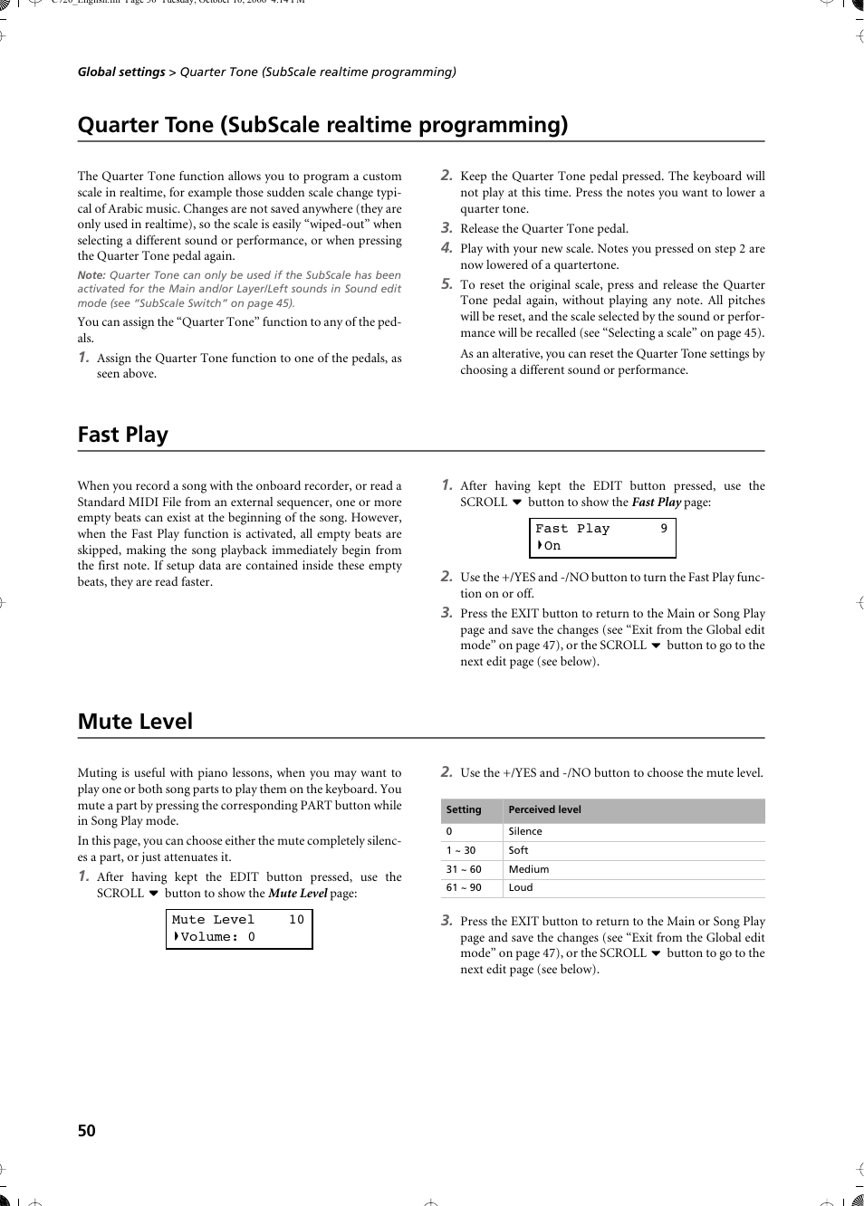 Quarter tone (subscale realtime programming), Fast play, Mute level | KORG CONCERT C-720 User Manual | Page 52 / 82