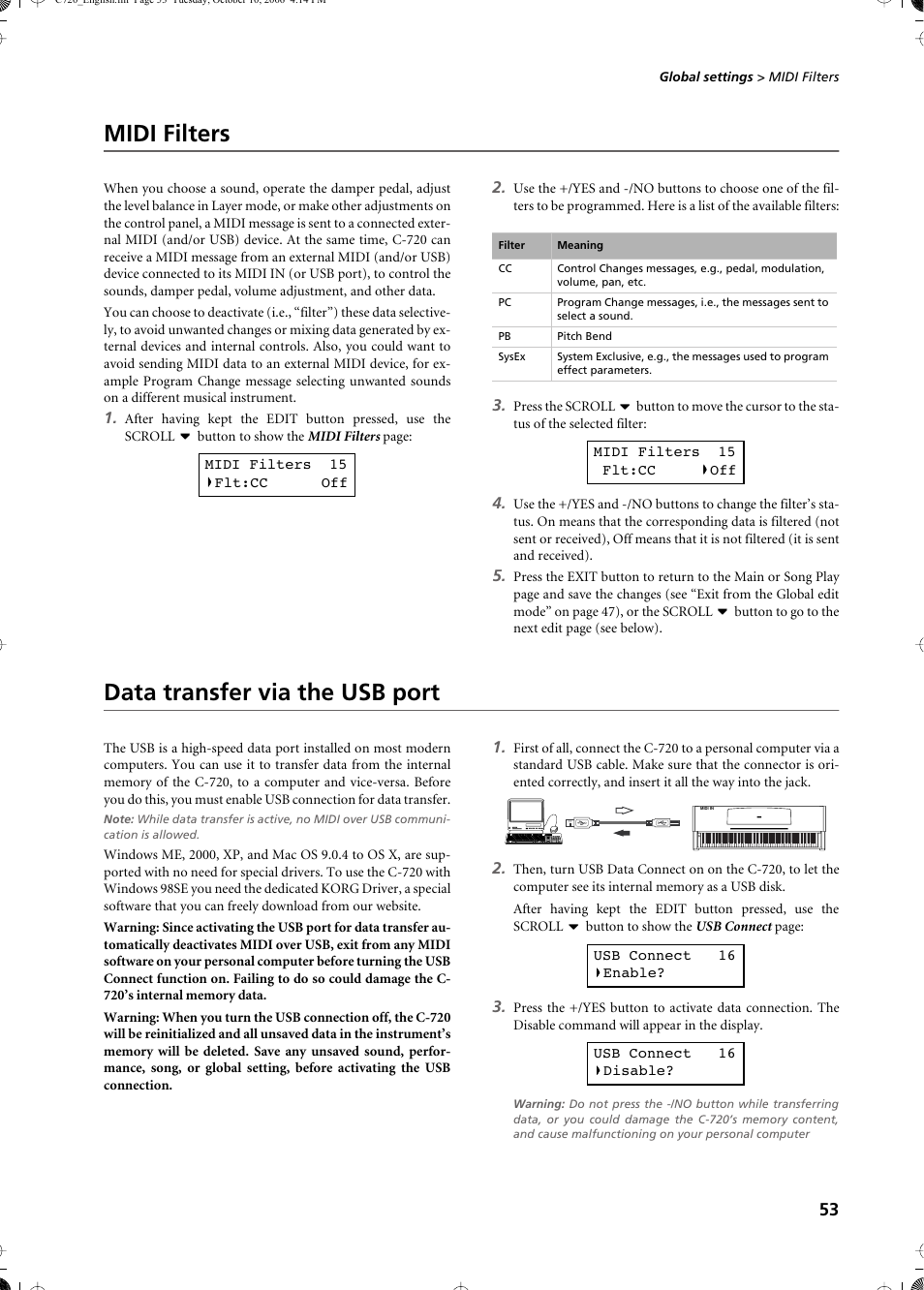 Midi filters, Data transfer via the usb port, Midi filters data transfer via the usb port | KORG CONCERT C-720 User Manual | Page 55 / 82