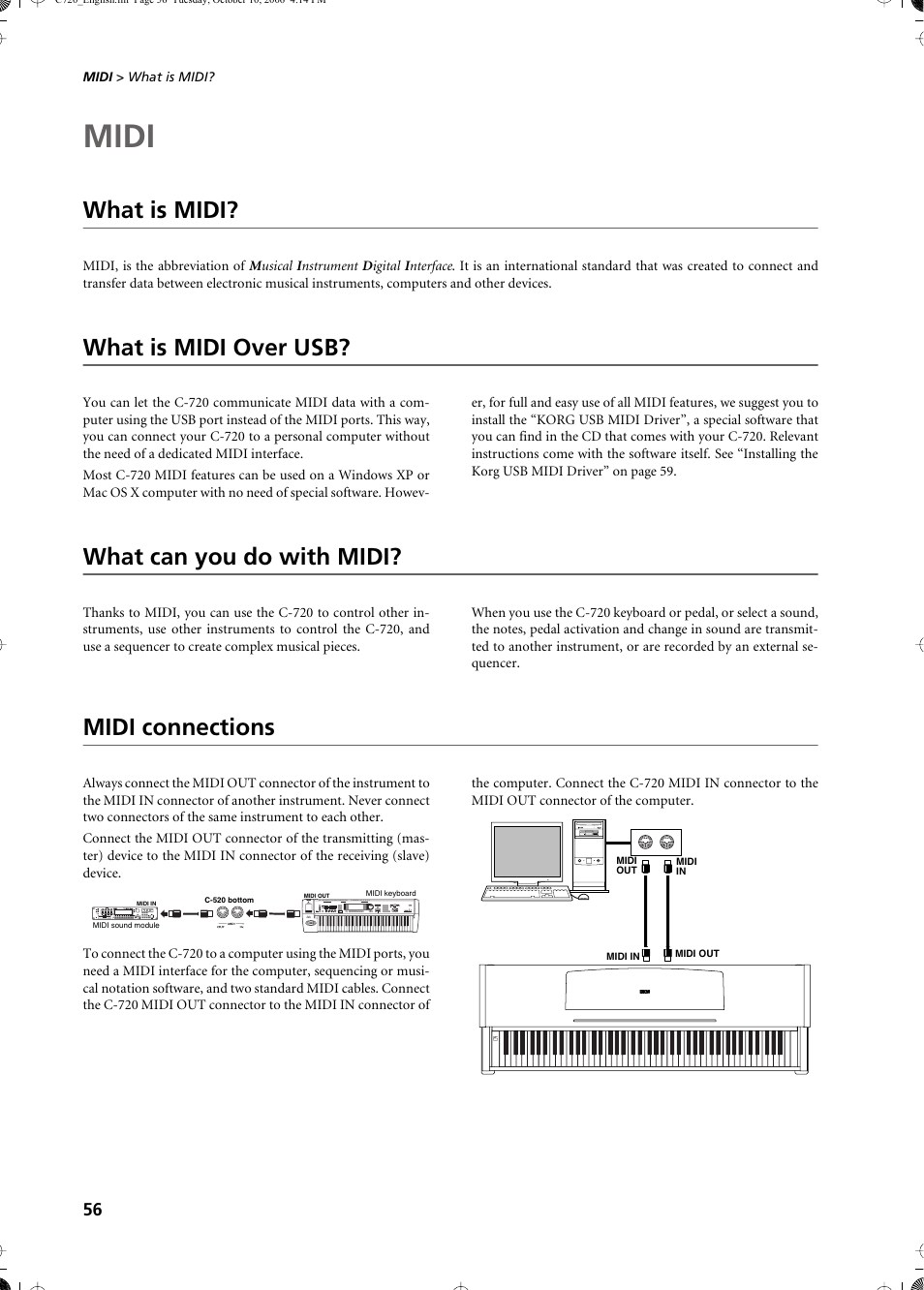 Midi, What is midi, What is midi over usb | What can you do with midi, Midi connections | KORG CONCERT C-720 User Manual | Page 58 / 82