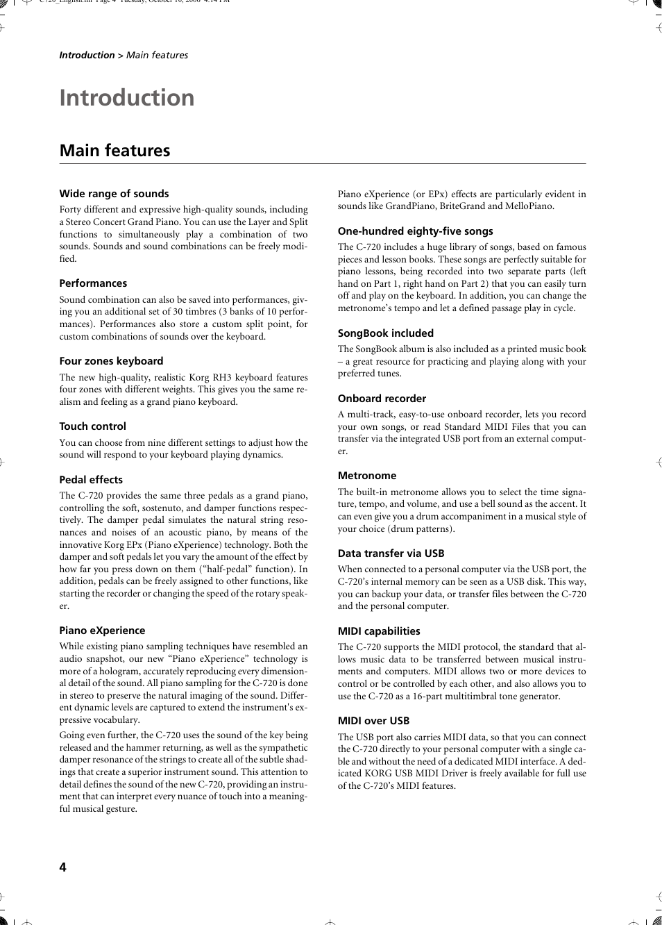 Introduction, Main features, Wide range of sounds | Performances, Four zones keyboard, Touch control, Pedal effects, Piano experience, One-hundred eighty-five songs, Songbook included | KORG CONCERT C-720 User Manual | Page 6 / 82