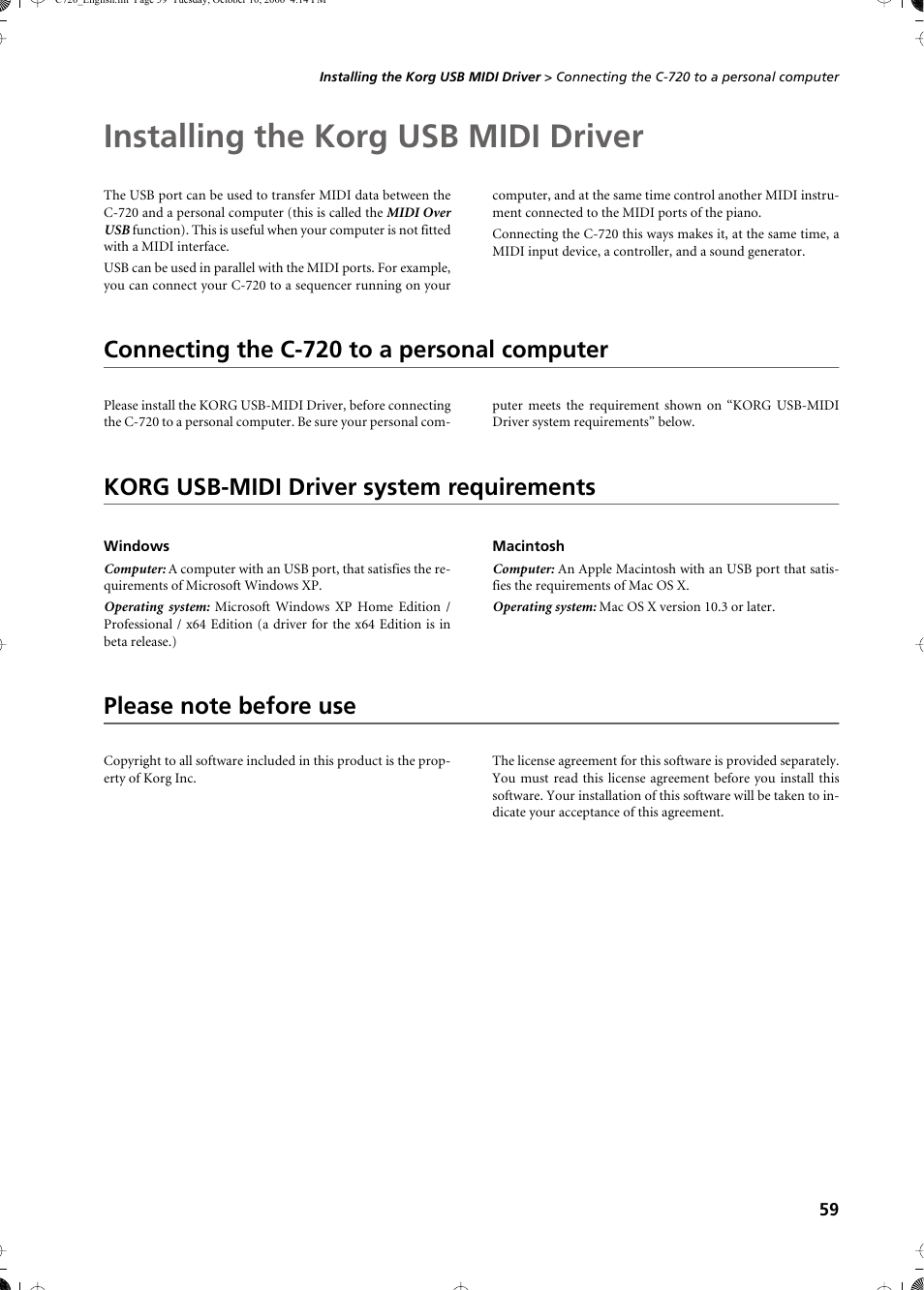 Installing the korg usb midi driver, Connecting the c-720 to a personal computer, Korg usb-midi driver system requirements | Windows, Macintosh, Please note before use | KORG CONCERT C-720 User Manual | Page 61 / 82