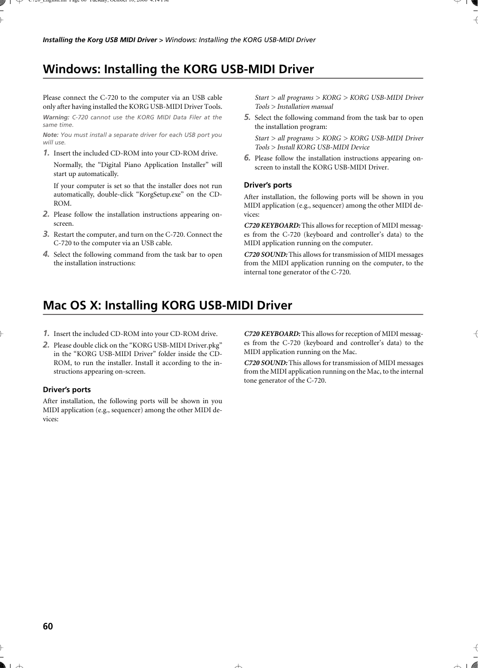 Windows: installing the korg usb-midi driver, Driver’s ports, Mac os x: installing korg usb-midi driver | KORG CONCERT C-720 User Manual | Page 62 / 82