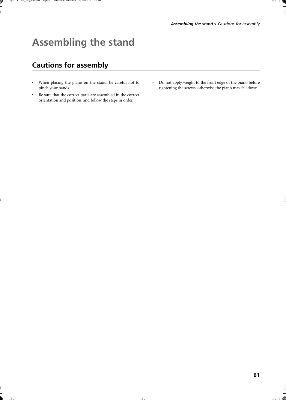 Assembling the stand, Cautions for assembly | KORG CONCERT C-720 User Manual | Page 63 / 82