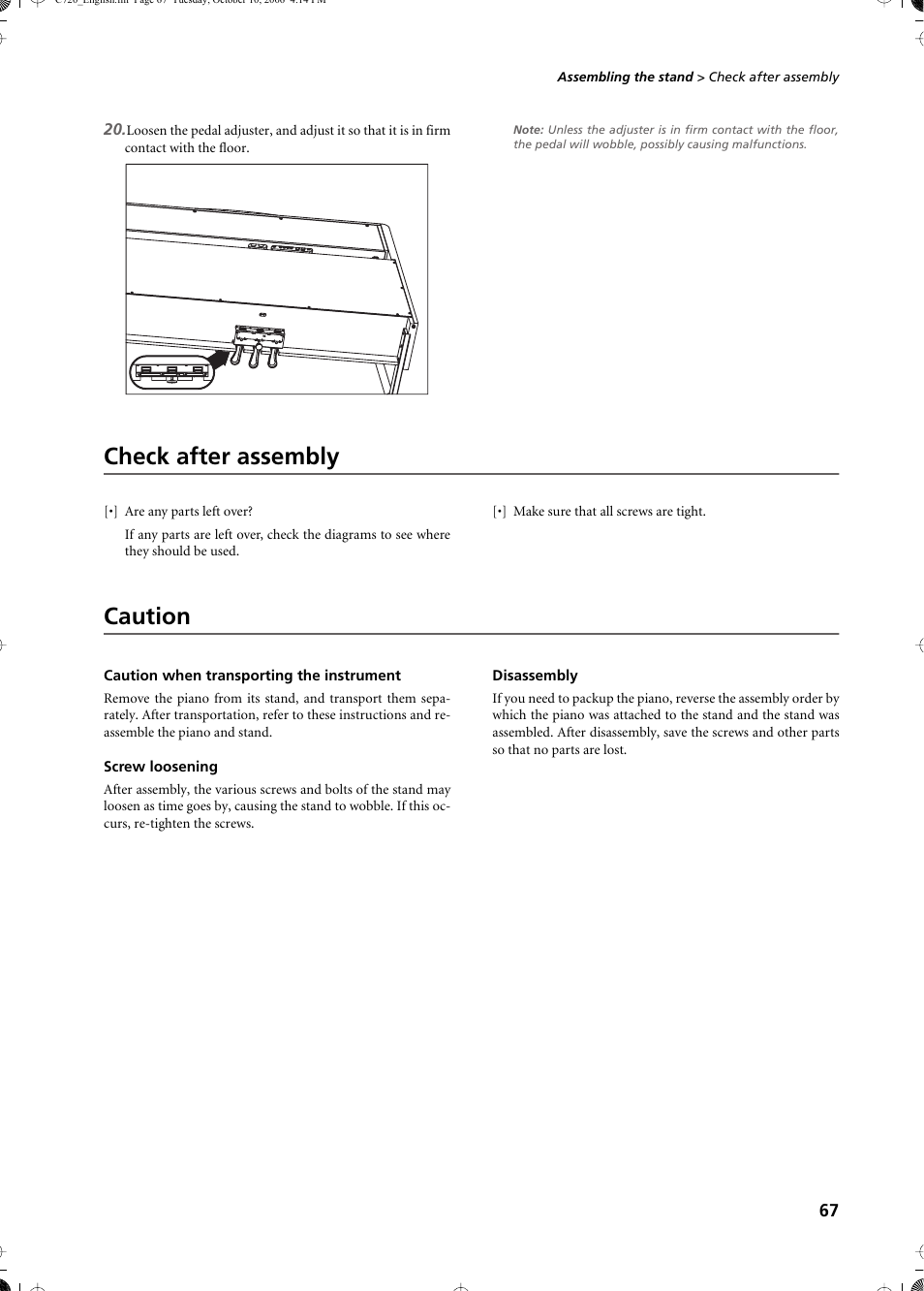 Check after assembly, Caution, Caution when transporting the instrument | Screw loosening, Disassembly, Check after assembly caution | KORG CONCERT C-720 User Manual | Page 69 / 82