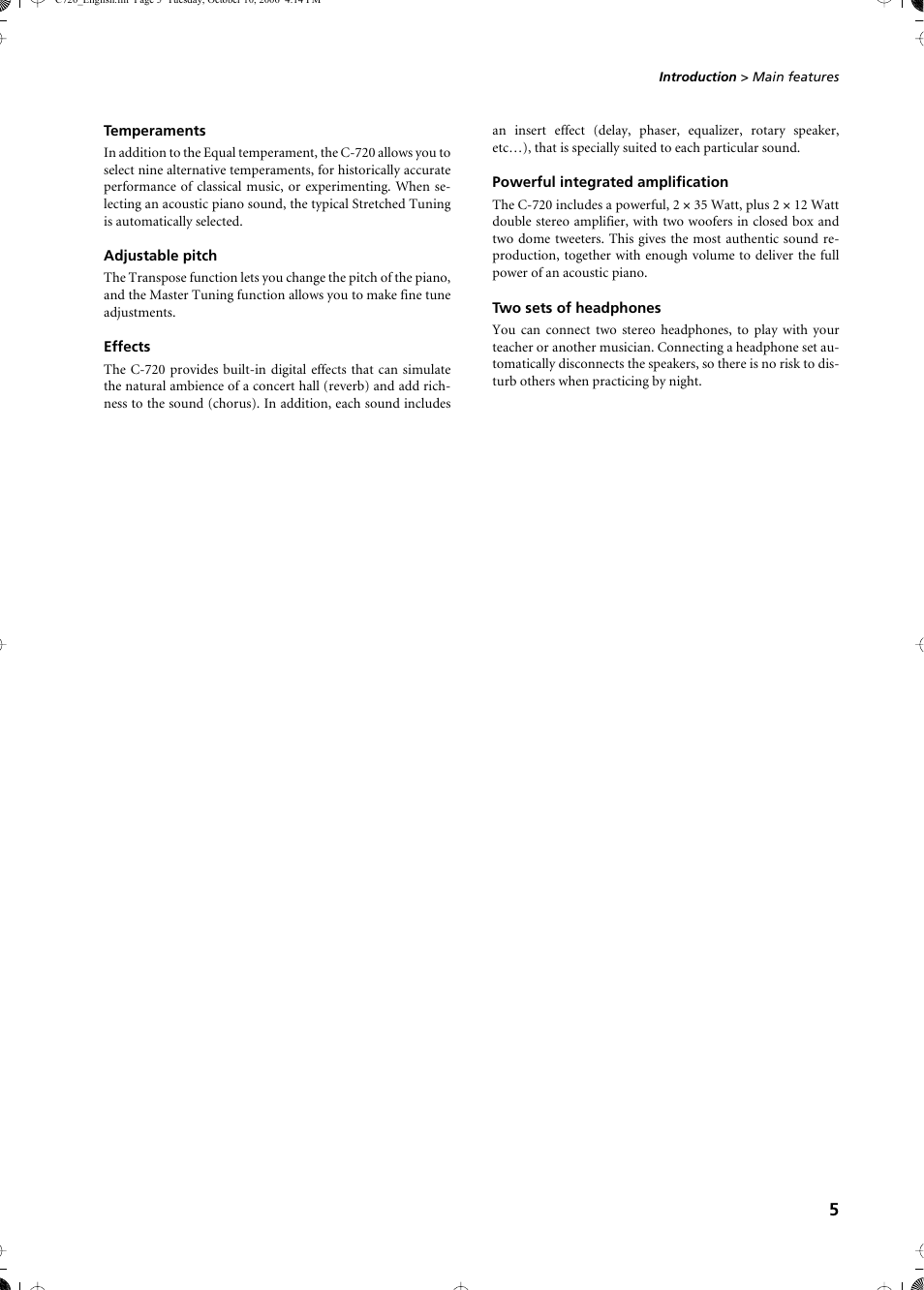 Temperaments, Adjustable pitch, Effects | Powerful integrated amplification, Two sets of headphones | KORG CONCERT C-720 User Manual | Page 7 / 82