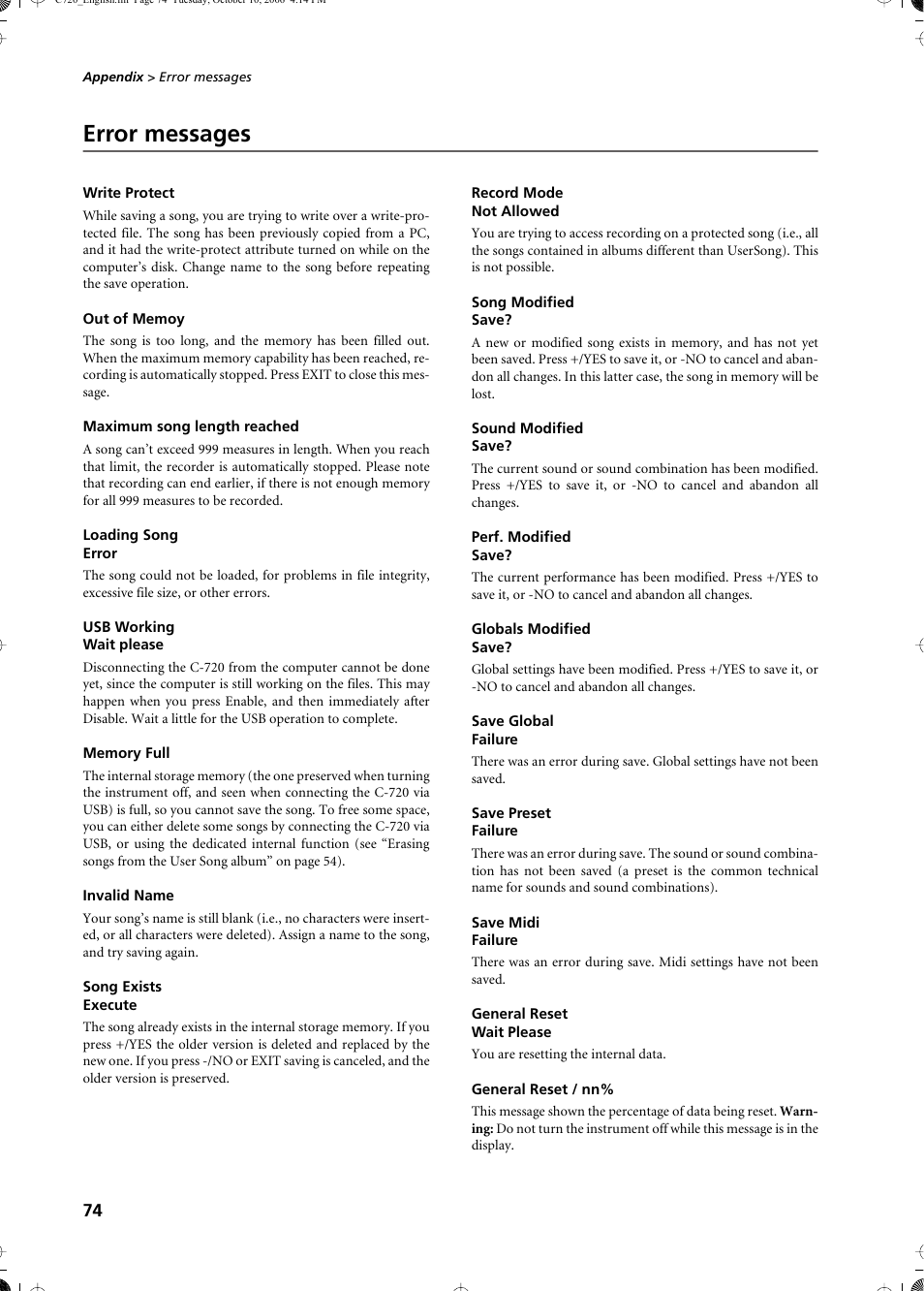 Error messages, Write protect, Out of memoy | Maximum song length reached, Loading song error, Usb working wait please, Memory full, Invalid name, Song exists execute, Record mode not allowed | KORG CONCERT C-720 User Manual | Page 76 / 82